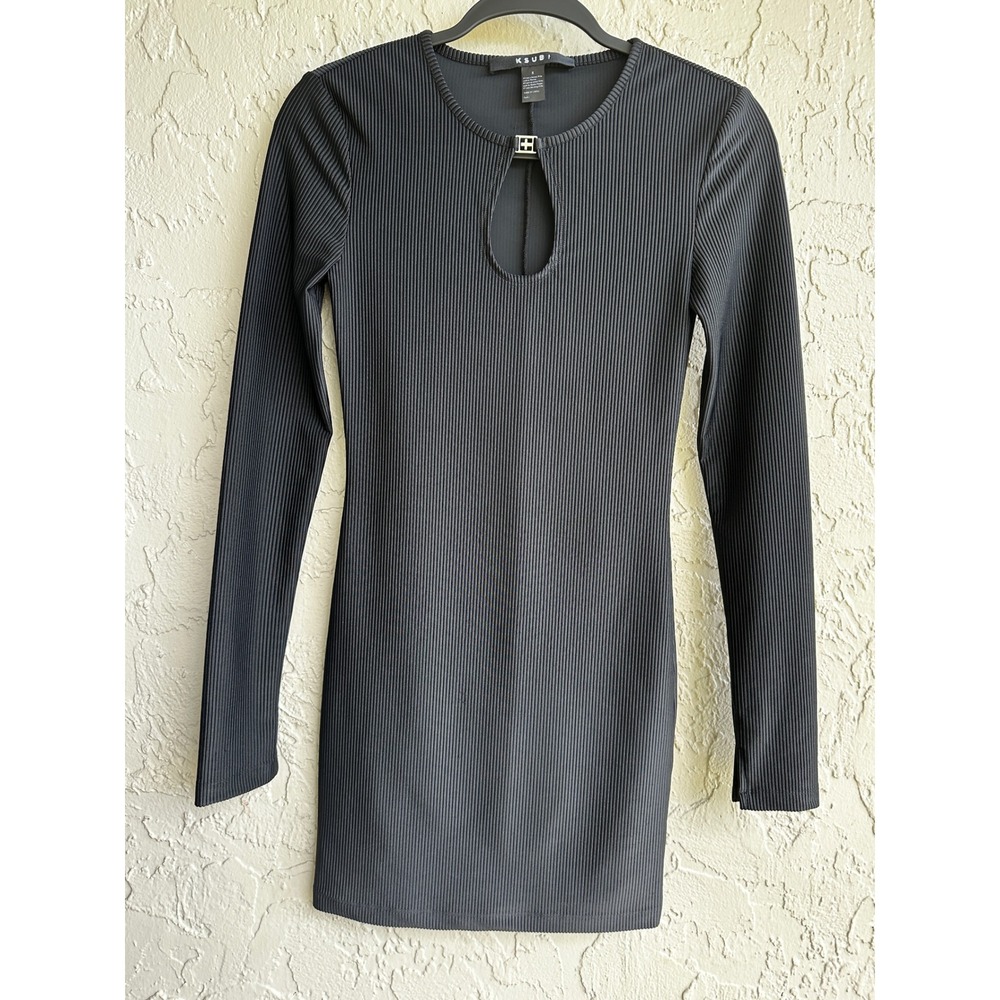 Ksubi Black Ribbed Long Sleeve Keyhole Mini Dress with Cross Hardware Size Small